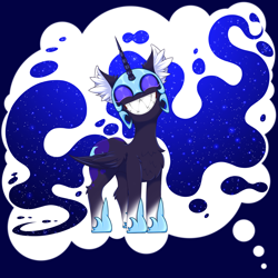 Size: 2500x2500 | Tagged: safe, artist:rurihal, derpibooru import, nightmare moon, alicorn, pony, ear fluff, ears, eyes closed, female, mare, sharp teeth, smiling, solo, teeth