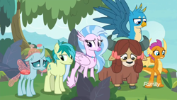 Size: 1248x702 | Tagged: safe, derpibooru import, screencap, gallus, ocellus, sandbar, silverstream, smolder, yona, changedling, changeling, classical hippogriff, dragon, earth pony, griffon, hippogriff, pony, yak, non-compete clause, bow, cloven hooves, colored hooves, hair bow, jewelry, monkey swings, necklace, student six