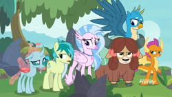 Size: 1249x702 | Tagged: safe, derpibooru import, screencap, gallus, ocellus, sandbar, silverstream, smolder, yona, changedling, changeling, classical hippogriff, dragon, earth pony, griffon, hippogriff, pony, yak, non-compete clause, bow, cloven hooves, colored hooves, gallus is not amused, hair bow, jewelry, monkey swings, necklace, sandbar is not amused, smolder is not amused, student six, unamused, yona is not amused