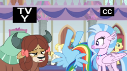 Size: 1250x702 | Tagged: safe, derpibooru import, screencap, end zone, huckleberry, rainbow dash, silverstream, summer breeze, yona, classical hippogriff, earth pony, hippogriff, pegasus, pony, yak, non-compete clause, bow, friendship student, hair bow, jewelry, monkey swings, necklace, out of context