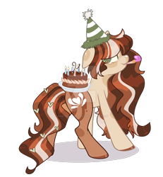 Size: 1920x2082 | Tagged: safe, artist:rose-moonlightowo, derpibooru import, oc, oc only, oc:coffee latte, earth pony, pony, cake, deviantart watermark, female, food, hat, mare, obtrusive watermark, party hat, party horn, solo, watermark