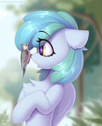 Size: 1359x1662 | Tagged: safe, artist:starlyflygallery, derpibooru import, oc, oc only, oc:siriusnavigator, bird, pegasus, pony, :o, bipedal, bird on nose, chest fluff, cute, eye clipping through hair, eyebrows, eyebrows visible through hair, open mouth, solo