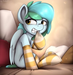 Size: 1983x2048 | Tagged: safe, artist:felixf, derpibooru import, oc, oc only, oc:siriusnavigator, pegasus, pony, clothes, female, hooves, mare, pillow, sitting, socks, solo, striped socks, wings