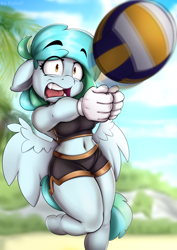 Size: 2480x3508 | Tagged: safe, artist:felixf, derpibooru import, oc, oc only, oc:siriusnavigator, anthro, pegasus, unguligrade anthro, clothes, ears, eyebrows, eyebrows visible through hair, floppy ears, midriff, open mouth, shorts, solo, sports, tanktop, volleyball, wide eyes
