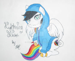 Size: 992x805 | Tagged: safe, artist:daceria, derpibooru import, oc, oc:lightning bliss, clothes, cute, hoodie, ocbetes, signature, simple background, text, white background