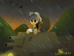 Size: 1033x774 | Tagged: safe, derpibooru import, daring do, fanfic:a king to a god, gun, rain, rifle, tank (vehicle), weapon