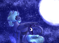 Size: 1023x745 | Tagged: safe, artist:inisealga, derpibooru import, edit, princess luna, alicorn, pony, clipdrop relight edit, female, leonine tail, mare, moon, night, smiling, solo, stars, tail