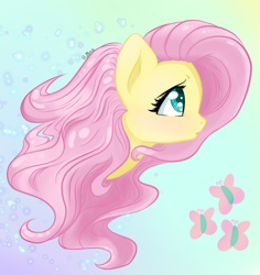 Size: 1280x1355 | Tagged: safe, artist:flutterbug18, derpibooru import, fluttershy, pony, abstract background, bust, cutie mark, female, looking away, looking up, mare, open mouth, portrait, profile, solo