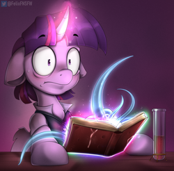 Size: 2480x2436 | Tagged: safe, artist:felixf, derpibooru import, twilight sparkle, twilight sparkle (alicorn), alicorn, pony, book, ears, female, floppy ears, glowing, glowing horn, hooves, horn, magic, mare, shrunken pupils, solo, sweat, sweatdrop, tentacles, wings