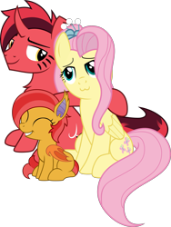 Size: 3289x4385 | Tagged: safe, artist:bnau, derpibooru exclusive, derpibooru import, fluttershy, oc, oc:fluttered wing, oc:pure red, pegasus, pony, canon x oc, chest fluff, facial markings, family photo, female, filly, foal, high res, looking at each other, looking at someone, male, mare, offspring, open mouth, parent:fluttershy, parent:oc:pure red, parents:canon x oc, shipping, simple background, sitting, smiling, stallion, transparent background, vector