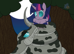 Size: 3095x2250 | Tagged: safe, artist:lunahazacookie, derpibooru import, princess luna, twilight sparkle, anthro, pony, snake, anthro with ponies, breasts, cleavage, clothes, coils, forest, full moon, hypno eyes, kaa eyes, moon, night, outdoors