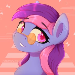 Size: 3000x3000 | Tagged: safe, artist:stravy_vox, derpibooru import, oc, oc only, oc:midnight bloom, abstract background, bust, female, mare, portrait, smiling, solo, solo female