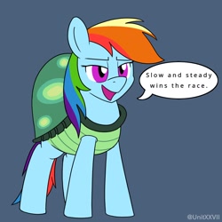 Size: 900x900 | Tagged: safe, artist:unitxxvii, derpibooru import, rainbow dash, pegasus, pony, tortoise, animal costume, clothes, costume, opposite day, speech bubble, tortoise shell