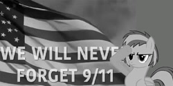 Size: 920x460 | Tagged: safe, artist:mlpfan3991, derpibooru import, oc, oc:flare spark, pegasus, pony, 9/11, american flag, black and white, caption, female, flag, grayscale, monochrome, salute, solo, text, united states