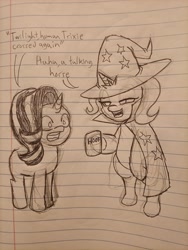 Size: 3000x4000 | Tagged: safe, derpibooru import, starlight glimmer, trixie, unicorn, alcohol, beer, cape, clothes, drunk, hat, lined paper, no tail, traditional art, trixie's cape, trixie's hat