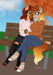 Size: 3000x4200 | Tagged: safe, artist:tertonda, oc, oc only, oc:firelight, oc:honeypot meadow, anthro, earth pony, pegasus, unguligrade anthro, anthro oc, autumn, bench, blaze (coat marking), clothes, coat markings, commission, couple, digital art, earth pony oc, eyes closed, facial markings, female, freckles, gradient mane, happy, holding hands, hoof shoes, jewelry, lesbian, lesbian couple, looking at each other, looking at someone, mare, married, married couple, oc x oc, pants, pegasus oc, ring, shipping, smiling, sweater, tree, wedding ring
