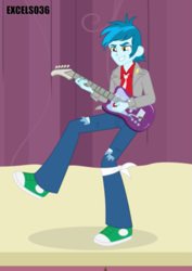 Size: 661x935 | Tagged: safe, artist:excelso36, part of a set, thunderbass, human, equestria girls, canterlot high, clothes, electric guitar, guitar, male, necktie, shoes, stage