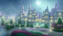 Size: 768x448 | Tagged: safe, artist:princess fluttershy, derpibooru import, machine learning generated, alternate design, canterlot, canterlot castle, castle, garden, night, nightcafe ai