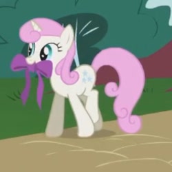 Size: 319x319 | Tagged: safe, derpibooru import, screencap, twinkleshine, pony, unicorn, swarm of the century, bow, cropped, cute, female, mare, mouth hold, ribbon, solo