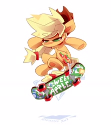 Size: 2787x3123 | Tagged: safe, artist:nekosnicker, derpibooru import, applejack, earth pony, pony, cowboy hat, eyebrows, eyebrows visible through hair, female, hat, mare, simple background, skateboard, solo, underhoof, white background