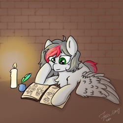 Size: 1280x1280 | Tagged: safe, artist:foxx_grey_art, derpibooru import, oc, oc only, pegasus, art trade, book, candle, inkwell, quill, reading, solo