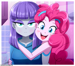 Size: 1754x1546 | Tagged: safe, artist:the-butch-x, derpibooru import, maud pie, pinkie pie, better together, equestria girls, blushing, border, breasts, cute, diapinkes, duo, duo female, female, indoors, kitchen, looking at you, maud pies, open mouth, open smile, siblings, signature, sisters, smiling, tongue, tongue out, topwear, watermark