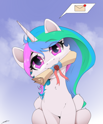 Size: 3000x3600 | Tagged: safe, artist:skitsroom, derpibooru import, princess celestia, alicorn, pony, cheek fluff, chest fluff, cute, cutelestia, daaaaaaaaaaaw, female, head tilt, looking at you, mare, mouth hold, sitting, solo