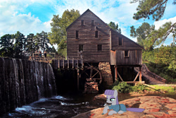 Size: 2048x1365 | Tagged: safe, artist:jaredking779, artist:tomfraggle, derpibooru import, boulder (pet), maud pie, earth pony, pony, clothes, female, irl, mare, mill, north carolina, photo, ponies in real life, raleigh, water