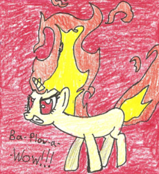 Size: 319x349 | Tagged: safe, artist:vadkram20xd6, derpibooru import, edit, twilight sparkle, unicorn twilight, pony, unicorn, angry, cropped, female, fire, gritted teeth, horn, mane of fire, mare, pencil drawing, rapidash twilight, red background, red eyes, simple background, teeth, text, traditional art