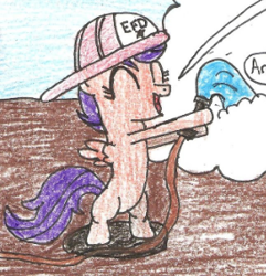 Size: 274x284 | Tagged: safe, artist:vadkram20xd6, derpibooru import, edit, scootaloo, pegasus, pony, bipedal, cropped, dialogue, eyes closed, female, filly, firefighter, firefighter helmet, firefighter scootaloo, firefighting, foal, helmet, hose, pencil drawing, smiling, speech bubble, spread wings, text, traditional art, water, wings
