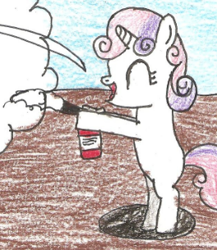 Size: 264x304 | Tagged: safe, artist:vadkram20xd6, derpibooru import, edit, sweetie belle, pony, unicorn, bipedal, cropped, eyes closed, female, filly, fire extinguisher, firefighter, firefighting, foal, horn, pencil drawing, smiling, traditional art