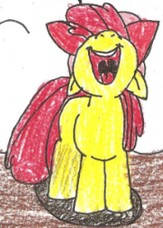 Size: 196x273 | Tagged: safe, artist:vadkram20xd6, derpibooru import, edit, apple bloom, earth pony, pony, apple bloom's bow, bow, cropped, female, filly, firefighter, firefighter helmet, foal, hair bow, helmet, open mouth, pencil drawing, smiling, traditional art, uvula, volumetric mouth