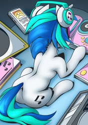 Size: 955x1351 | Tagged: safe, artist:mysticalpha, derpibooru import, dj pon-3, vinyl scratch, pony, unicorn, butt, female, headphones, mare, plot, record, solo