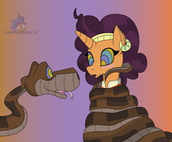 Size: 3000x2486 | Tagged: safe, artist:lunahazacookie, derpibooru import, princess luna, saffron masala, pony, snake, unicorn, abstract background, coils, cookie, female, food, hypno eyes, kaa, kaa eyes, mare