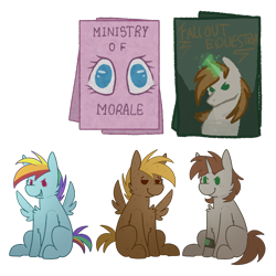 Size: 800x800 | Tagged: safe, artist:molars, derpibooru import, pinkie pie, rainbow dash, oc, oc:calamity, oc:littlepip, pegasus, unicorn, fallout equestria, calamity, chibi, commission, glowing, glowing horn, horn, ministry of morale, pinkie pie is watching you, pipbuck, plushie, poster, simple background, transparent background