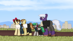 Size: 2420x1361 | Tagged: safe, artist:99999999000, derpibooru import, oc, oc only, oc:li anna, oc:mar baolin, oc:zhang cathy, earth pony, pegasus, unicorn, city, clothes, earth pony oc, female, glasses, horn, male, pegasus oc, unicorn oc