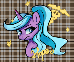 Size: 1011x847 | Tagged: safe, artist:brella, derpibooru import, idw, radiant hope, crystal pony, pony, unicorn, abstract background, alternate hairstyle, bust, crystal unicorn, female, horn, looking at you, mare, ponytail, portrait, scrunchie, solo