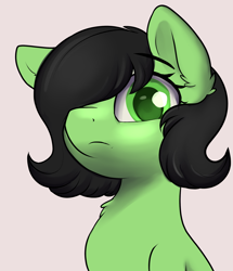 Size: 1888x2200 | Tagged: safe, artist:dumbwoofer, derpibooru import, oc, oc:anon filly, earth pony, pony, bust, chest fluff, ear fluff, ears, eyebrows, female, filly, foal, hair over one eye, looking at you, looking down, looking down at you, raised eyebrow, simple background, solo