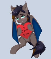 Size: 1775x2048 | Tagged: safe, artist:nihithebrony, derpibooru import, oc, oc only, oc:black night, bat pony, bat pony oc, bat wings, ear fluff, ears, fangs, heart, i love you, male, multicolored hair, multicolored mane, slit eyes, solo, wings