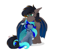 Size: 2452x1994 | Tagged: safe, artist:rand-dums, derpibooru import, oc, oc only, oc:black night, oc:moonlight selene, bat pony, bat pony oc, bat wings, collar, colored wings, ear fluff, ear piercing, earring, ears, fangs, female, floppy ears, hug, jewelry, long mane, long tail, looking at each other, male, mare, multicolored hair, multicolored mane, multicolored tail, multicolored wings, oc x oc, one eye closed, piercing, raised hoof, raised leg, shipping, shy, simple background, slit eyes, smiling, smiling at each other, spread wings, stallion, straight, tail, transparent background, winghug, wings