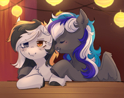 Size: 1171x927 | Tagged: safe, artist:keplera, derpibooru import, oc, oc only, oc:flaming dune, oc:storm cloud river's, pegasus, pony, blushing, bust, cute, duo, duo female, eyes closed, female, freckles, heterochromia, hug, lantern, looking at you, mare, multicolored mane, oc x oc, paper lantern, partially open wings, pegasus oc, shipping, sitting, smiling, smug, table, wings