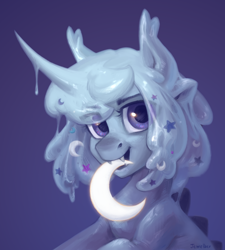 Size: 1800x2000 | Tagged: safe, artist:jewellier, derpibooru import, oc, oc only, goo, goo pony, original species, pony, crescent moon, fangs, looking at you, moon, simple background, solo