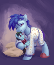 Size: 2170x2600 | Tagged: safe, artist:jewellier, derpibooru import, oc, earth pony, pony, clothes, male, pajamas, pillow, plushie, simple background, slippers, stallion, toy