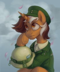 Size: 2500x3000 | Tagged: safe, artist:jewellier, derpibooru import, oc, oc:wrench ironbolt, pony, unicorn, clothes, cloud, cloudy, helmet, male, military uniform, petals, solo, stallion, thinking, uniform