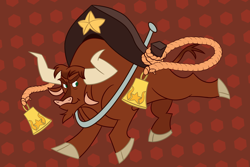 Size: 3082x2062 | Tagged: safe, artist:nonameorous, derpibooru import, texas (tfh), cow, them's fightin' herds, beard, bell, bells, brown background, community related, facial hair, hexagon, male, rope, ropes, simple background, smug, texas