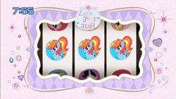 Size: 1275x720 | Tagged: safe, derpibooru import, fluttershy, pinkie pie, rainbow dash, rarity, oc, oc:artie brush, earth pony, pegasus, pony, unicorn, female, horn, japanese, lucky pony slot, mare, multicolored hair, numbers, paint, paintbrush, ponytail, rainbow hair, raised hoof, raised leg, slot machine, smiling, text, tomodachi wa mahou