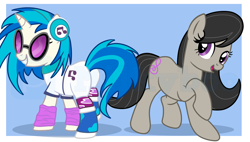 Size: 9000x5128 | Tagged: safe, artist:milkyboo898, derpibooru import, dj pon-3, octavia melody, vinyl scratch, earth pony, pony, unicorn, clothes, duo, duo female, equestria girls outfit, female, grin, mare, missing accessory, open mouth, open smile, raised hoof, raised leg, smiling, watermark