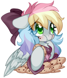 Size: 832x961 | Tagged: safe, artist:loyaldis, derpibooru import, oc, oc only, oc:blazey sketch, pegasus, pony, blushing, bow, chest fluff, clothes, cookie, eating, embarrassed, food, green eyes, grey fur, hair bow, long mane, multicolored hair, pegasus oc, simple background, small wings, solo, sweater, transparent background, wings