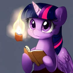 Size: 1024x1024 | Tagged: safe, derpibooru import, machine learning generated, twilight sparkle, twilight sparkle (alicorn), alicorn, pony, book, candle, fire, solo