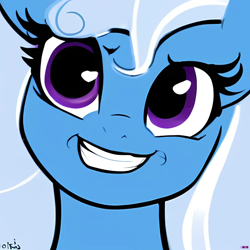 Size: 1024x1024 | Tagged: safe, artist:hazy skies, derpibooru import, generator:stable diffusion, machine learning generated, trixie, pony, cute, diatrixes, female, grin, mare, missing horn, reaction image, smiling, solo, unsure